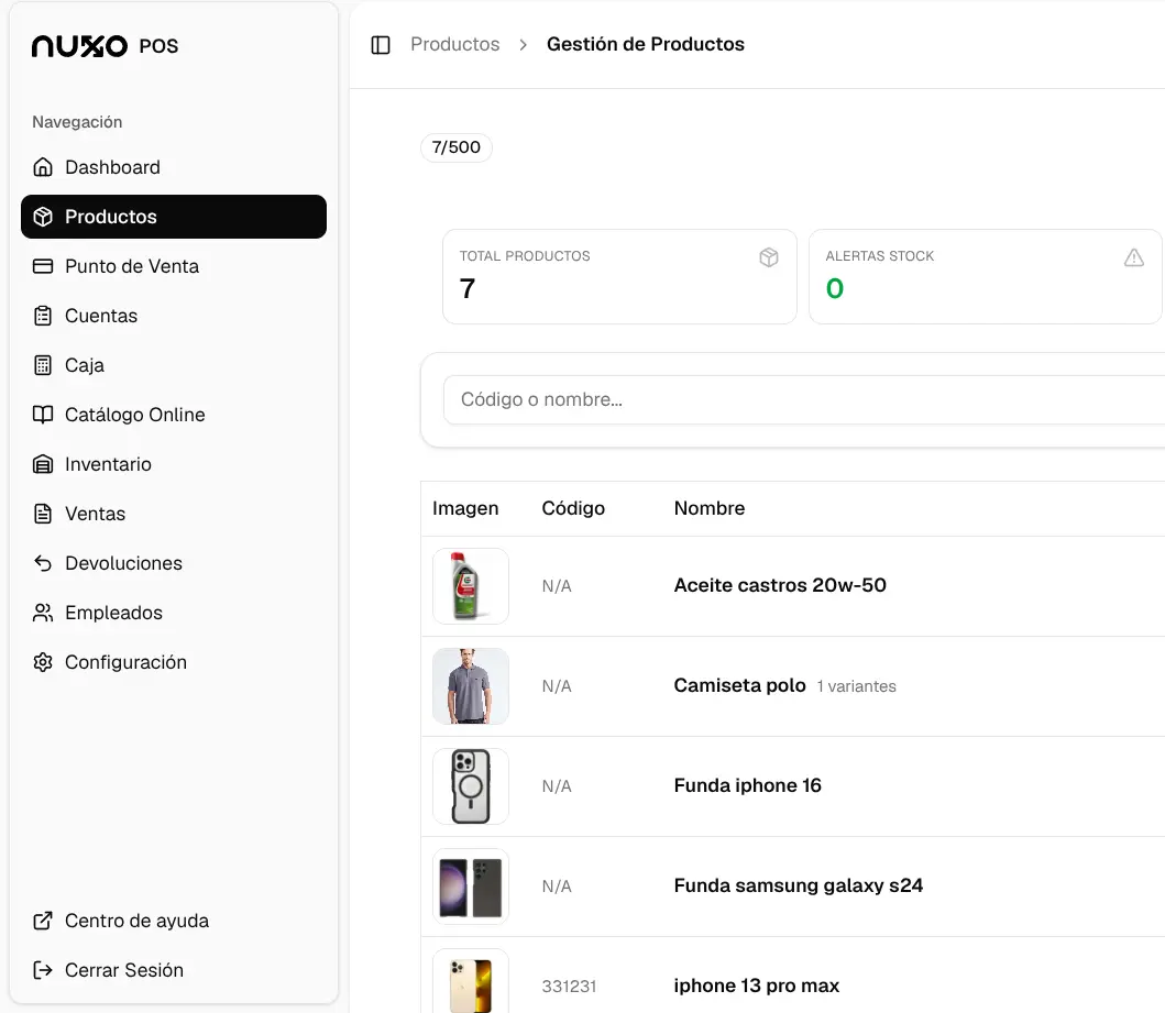 Panel de gestión de productos e inventario del sistema POS nuxo